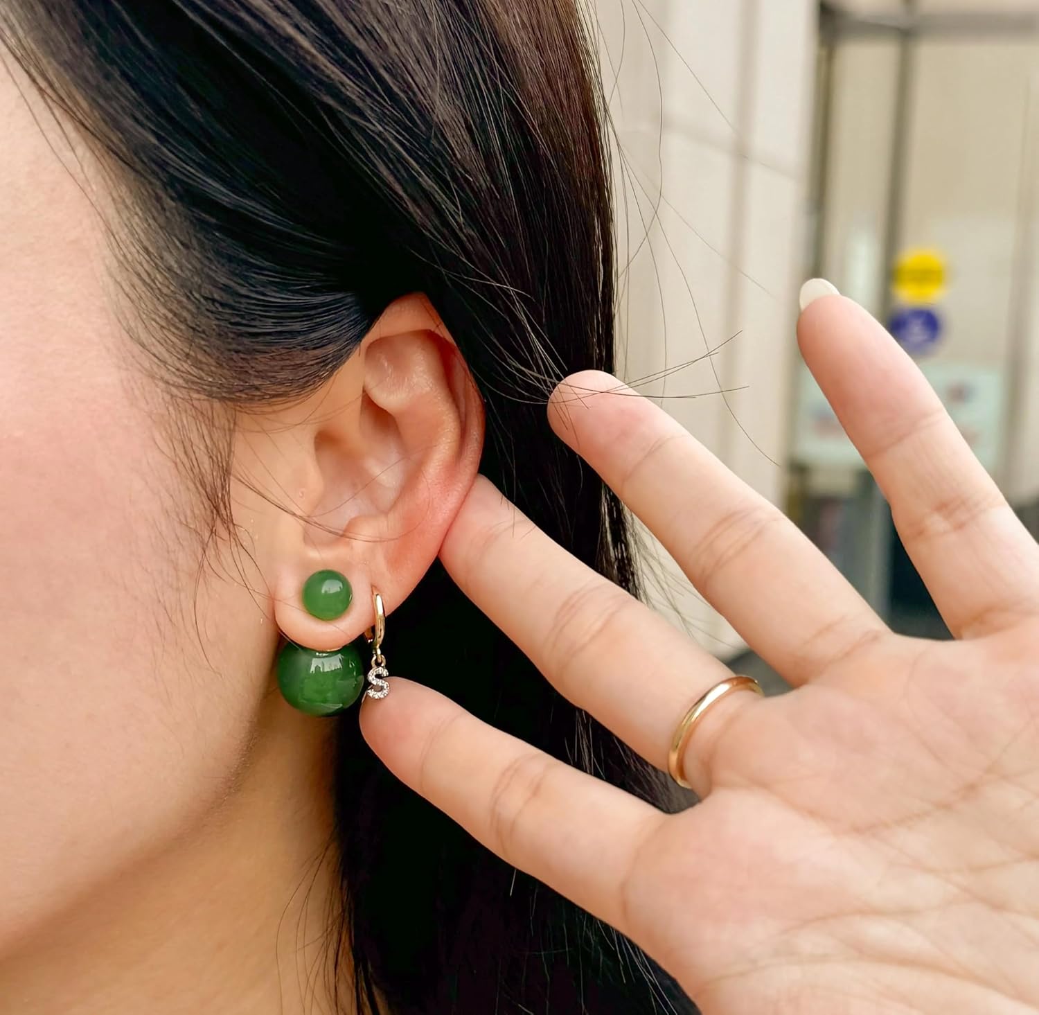 El Regalo Front/Back Green Gold Tone Beads Jacket Earrings- Jade/Emerald-Colored Beads Earrings for Women/Girls