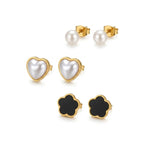 El Regalo Stainless Steel Stud Earrings Combo for Women & Girls | 18K Gold Plated Anti-Tarnish Cute Pearl, Black Flower, & Heart Western Earrings Set | Elegant Daily Wear Aesthetic Jewelry (Set of 3 Pairs)