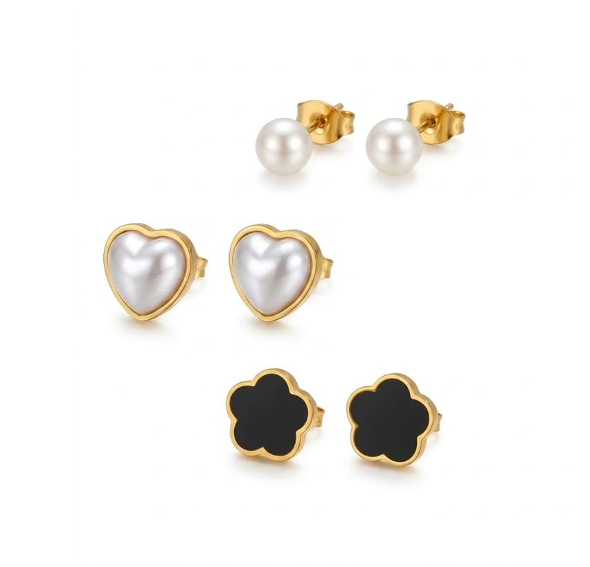 El Regalo Stainless Steel Stud Earrings Combo for Women & Girls | 18K Gold Plated Anti-Tarnish Cute Pearl, Black Flower, & Heart Western Earrings Set | Elegant Daily Wear Aesthetic Jewelry (Set of 3 Pairs)