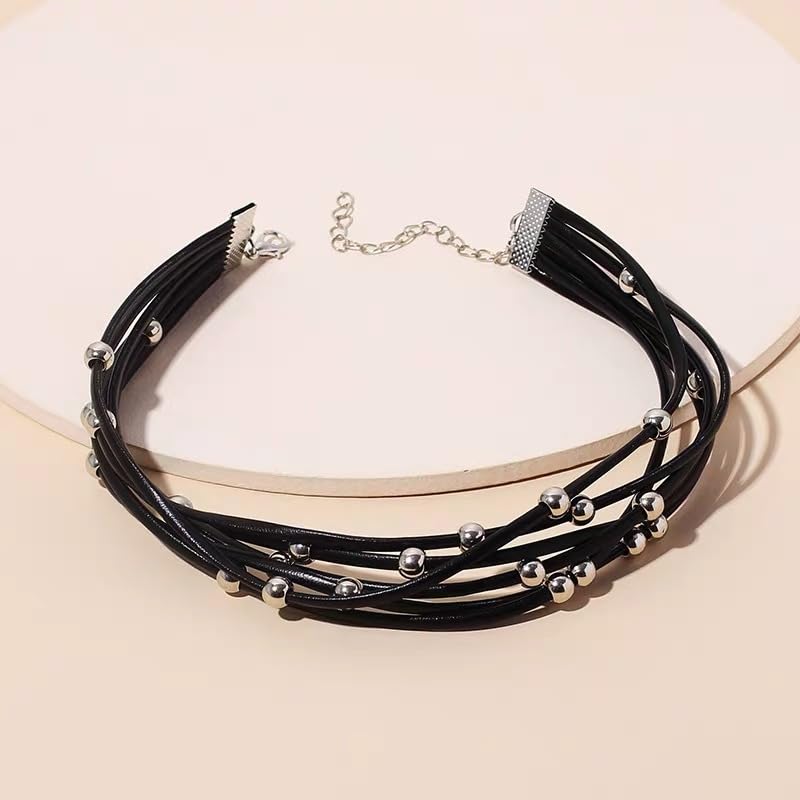 El Regalo Bohemia Layered Choker Necklace- Gothic Black Suede Leather Collar Choker with Silver Beads Multilayer Necklace for Women & Girls
