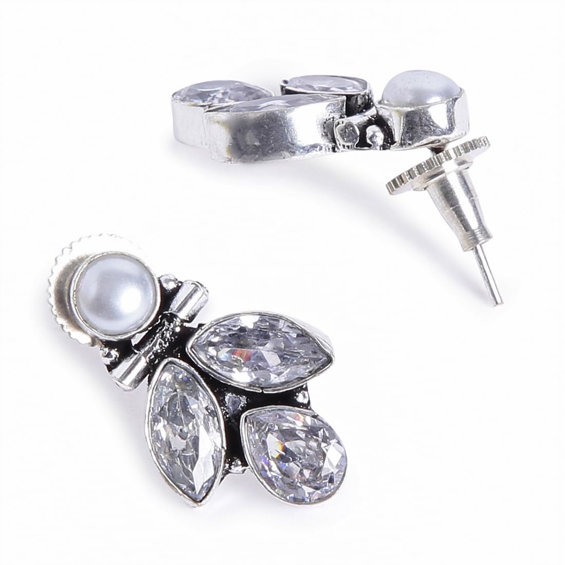 El Regalo Pearl Earrings, 925 Silver Plated Vintage Stones Pearls Stud Earrings for Women & Girls- Silver Lookalike Pearls Earrings (White)