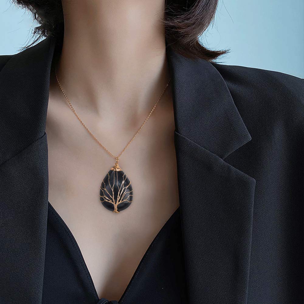 El Regalo Tree of Life Wire Wrapped Drop Natural Stones Healing Crystal Chakra Pendant Necklace - Unique Handcrafted Gemstones Pendant Necklaces (Black Onyx) For Unisex Adult