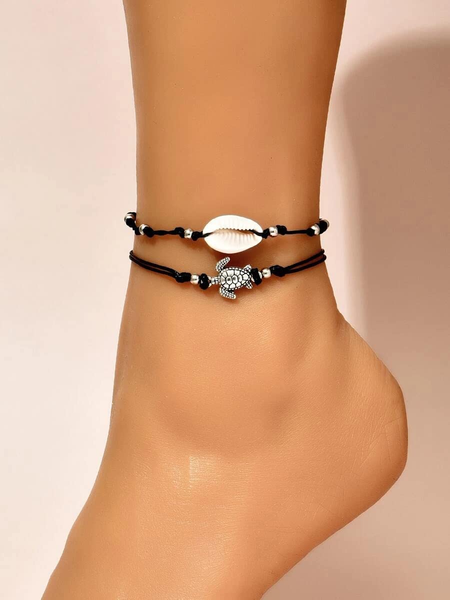 El Regalo 2 PCs Anklets for Women Girls - Adjustable Boho Turtle Cowrie Shell Ankle Bracelets Foot Jewelry Set