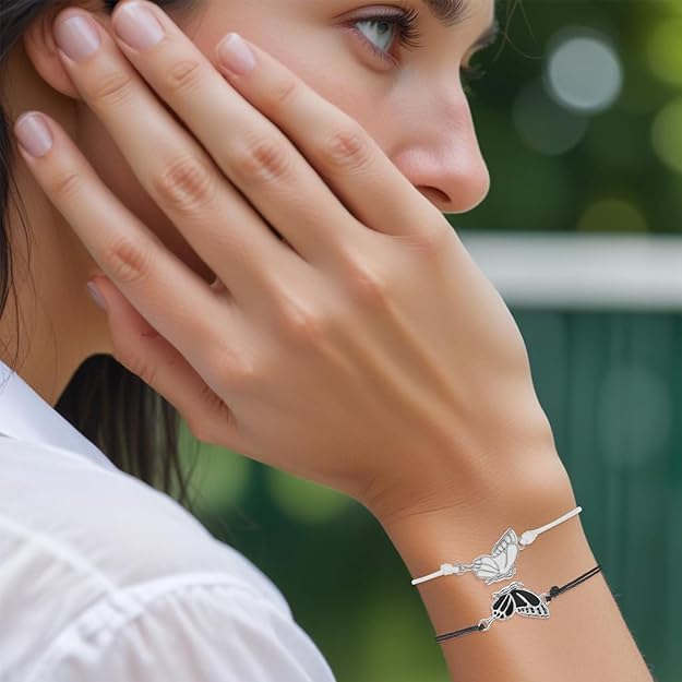 El Regalo 2PCs Butterfly Friendship Bracelets Set for Girls - Adjustable Handmade BFF Strand Bracelets for Best Friends - Symbolic Matching Jewelry for Birthday, Christmas, Graduation, Anniversary (Black & White)
