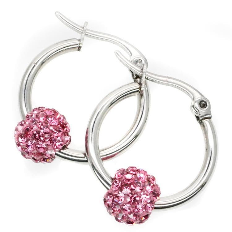 El Regalo Stainless Steel Hoop Earrings with Crystal Balls- Colored Crystal Ball 316L Surgical Steel Hoop Earrings- Crystal Baali for Girls & Women (Pink)