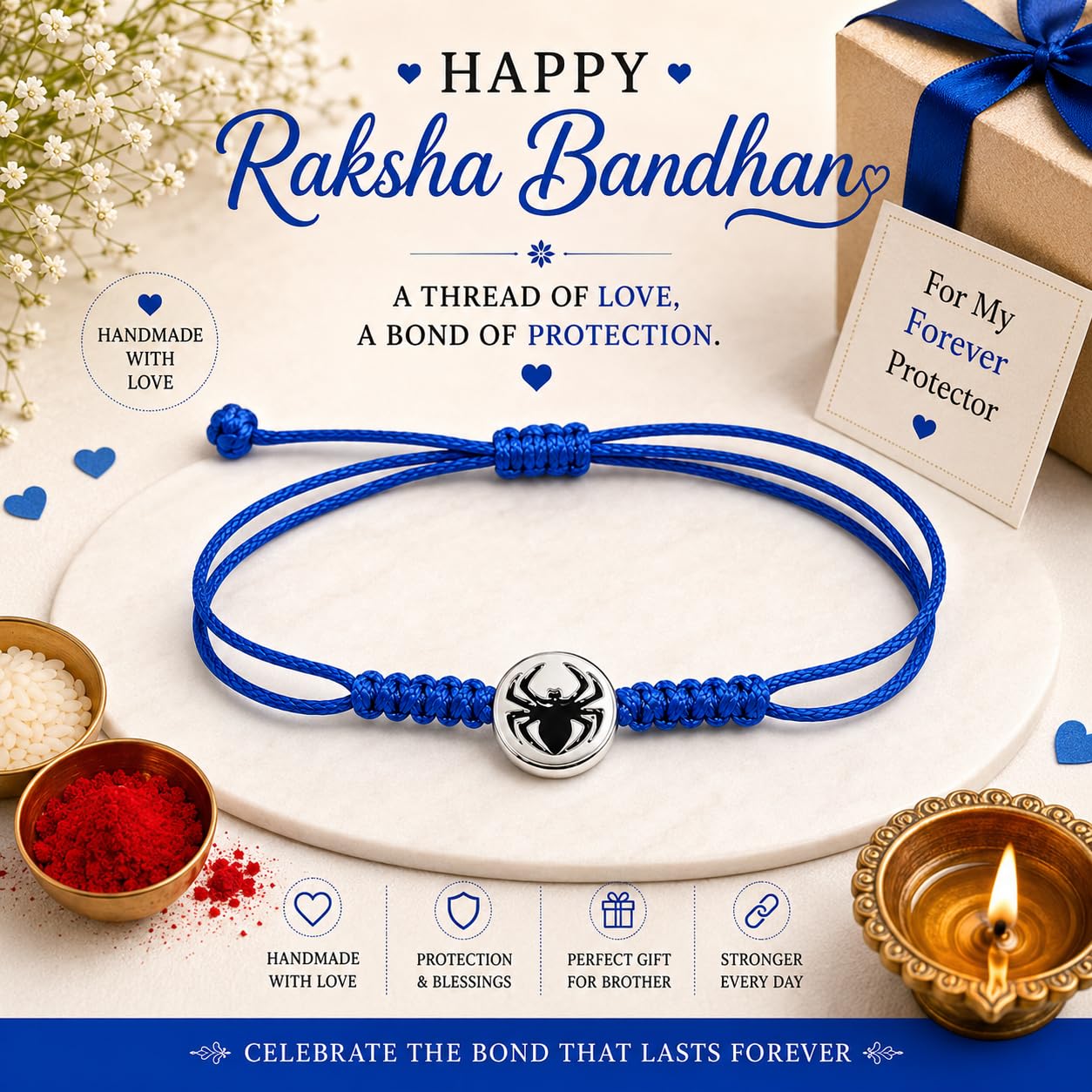 El Regalo 1PC Cute Kids Rakhis - Fancy Cartoon & Superhero Rakhi for Brother or Sister - Spiderman, Batman, Kitty - With Roli Chawal in Rakhi Box (Blue Spider)