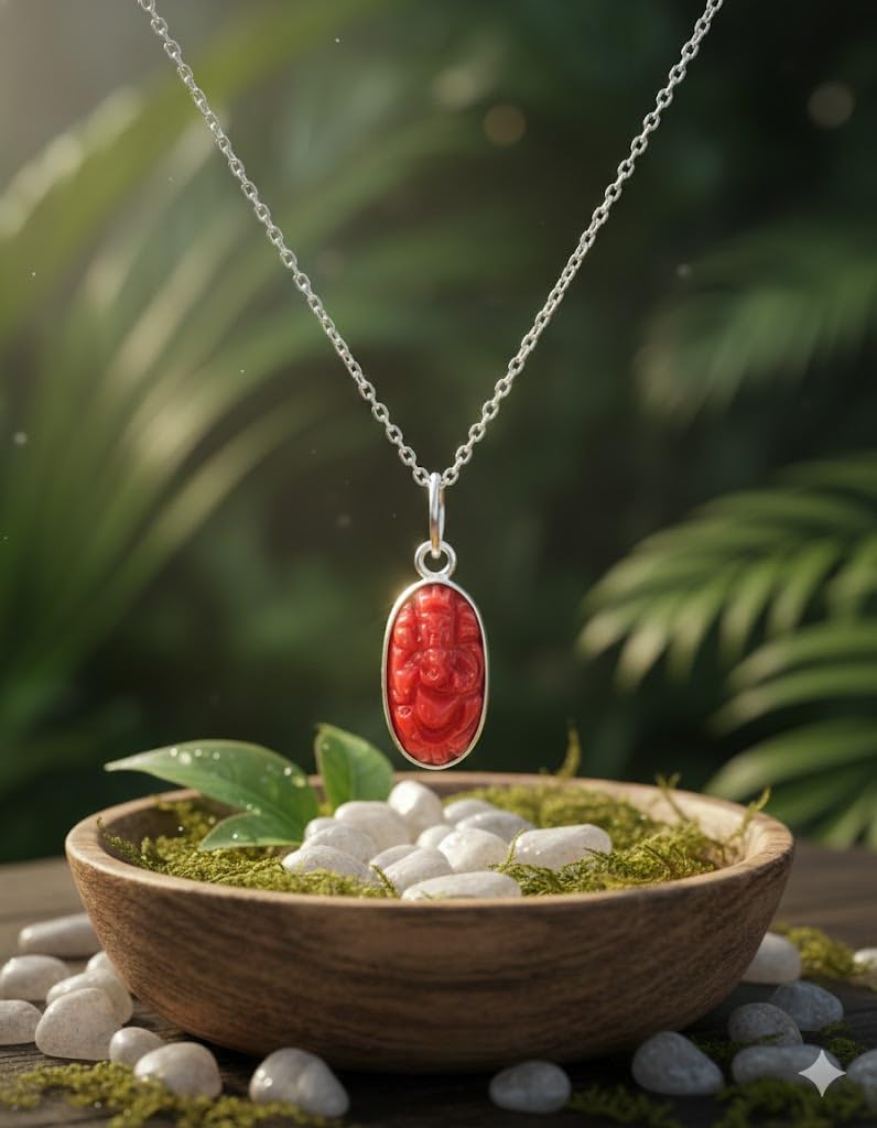 El Regalo Lord Ganesha Red Stone Pendant Necklace for Men & Women | Synthetic Carved Ganpati Locket with Silver Finish Chain | Spiritual Jewellery
