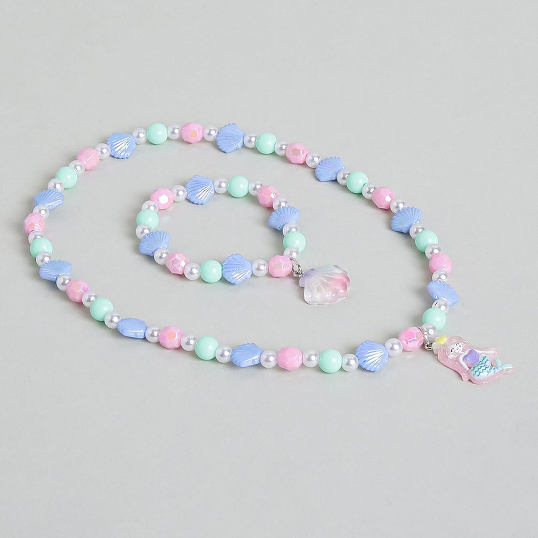 El Regalo 2 PCs Kids Girls Colorful Necklace & Bracelet Jewelry Sets - Kids Candy Color Mermaid Pearl Shells Necklace & Bracelets Sets for Girls Kids & Toddlers (Mermaid Shell Jewelry Set)