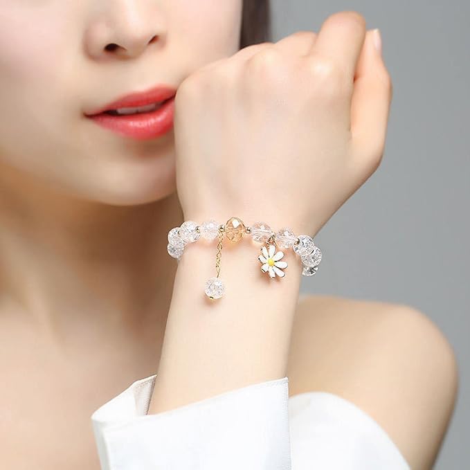 El Regalo 1 PC Dailsy Flower Sparkly Crystal Beads Tassel Bracelet for Girls/Teens/Women- Cute Crackle Beads Daisy Flower Stretch Bracelet (White)