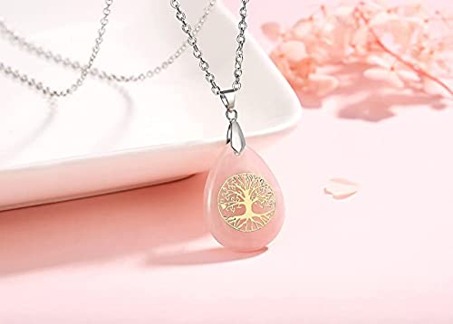 El Regalo Tree of Life Rose Quartz Drop Healing Crystal Chakra Pendant Necklace- Rose Quartz Jewelry for Girls & Women