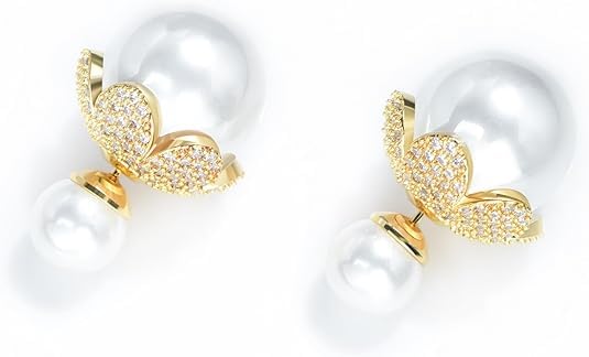 El Regalo Vintage Flower Pearl Earrings - Elegant Double-Sided Stud Front Back Earrings for Women - Golden CZ Floral & Pearl Ball Ear Jacket for Wedding, Party