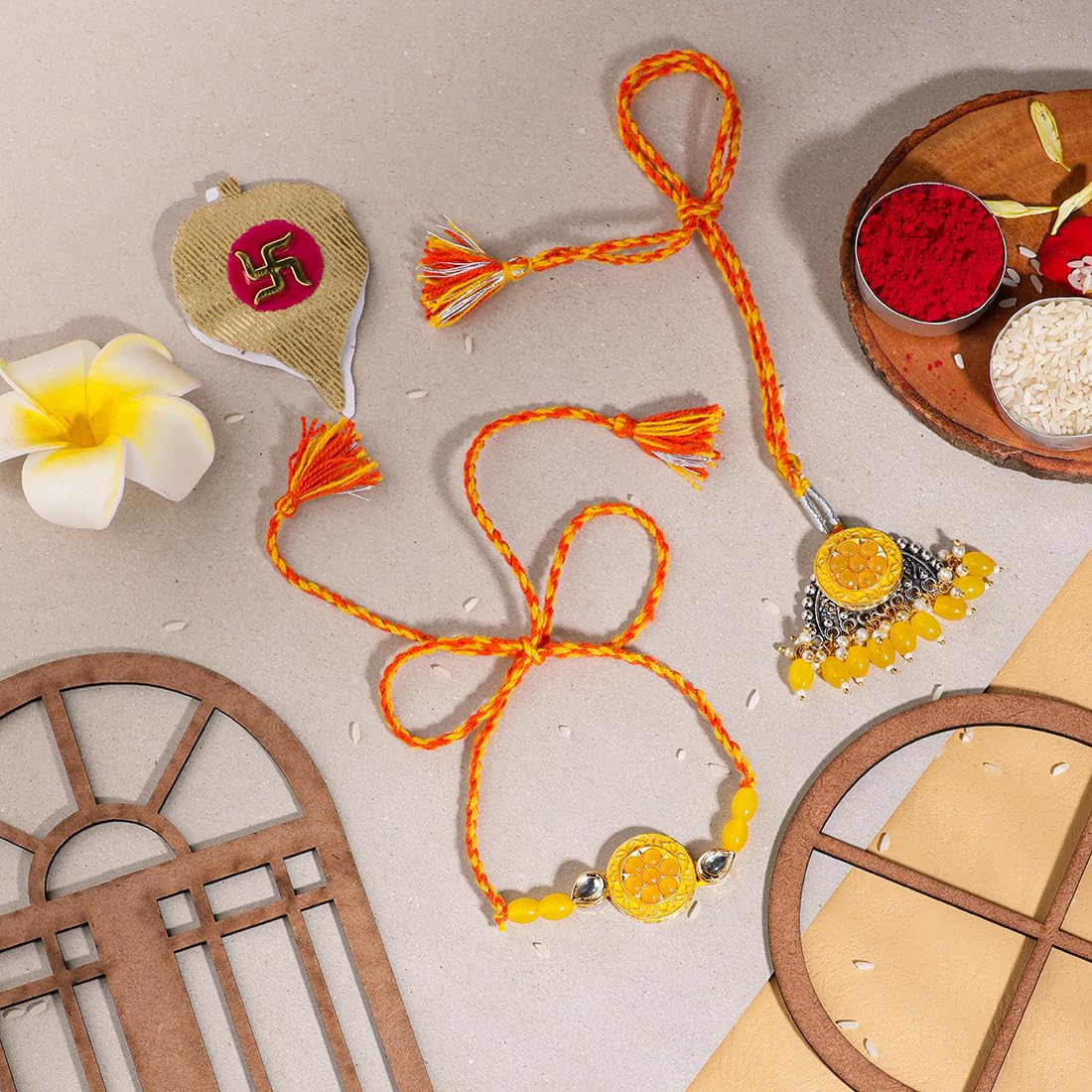 El Regalo Designer Bhaiya- Bhabhi Rakhi Luma/Lumba Set- Kundan, Pearls Rakhi with Roli Chawal in Gift Box- Luma Convertible into Necklace (Option-6)