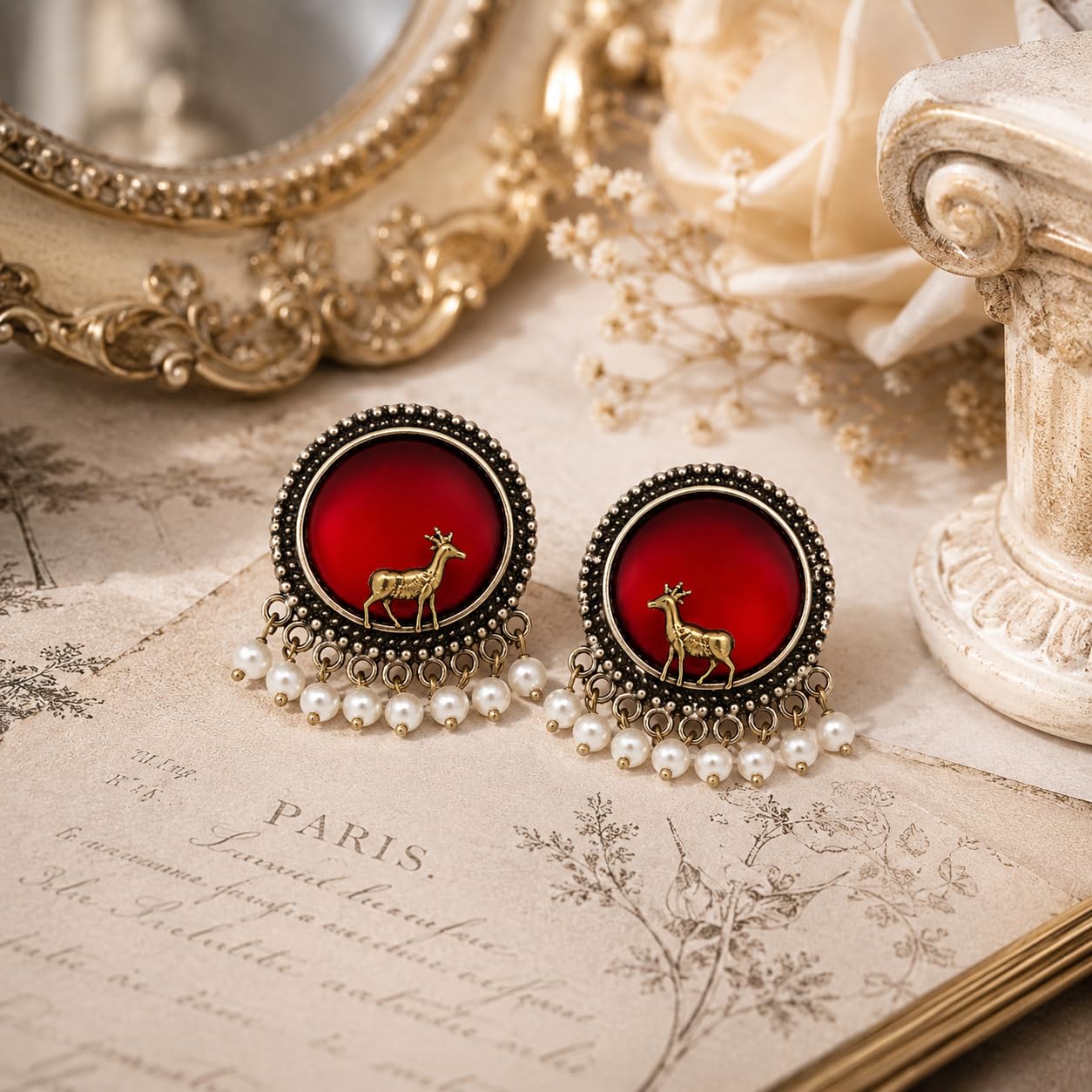 El Regalo Big Antique Oxidised Vintage Stud Earrings for Women and Girls | Boho Ethnic Statement Dual Tone Ear Tops with 3D Gold Deer Motif & Hanging Pearl Drops | Premium Traditional Festive Gift Jewelry (Red)