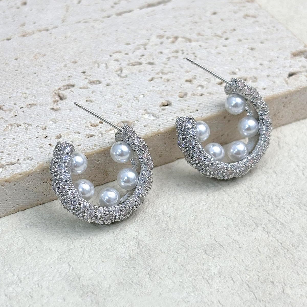 El Regalo Luxury Pearl & Zircon C Half Hoop Earrings for Women - 14K Gold Plated Pave Crystal Studs | Elegant Party Jewellery | Ideal Gift for Anniversary, Wedding & Birthdays (Silver)