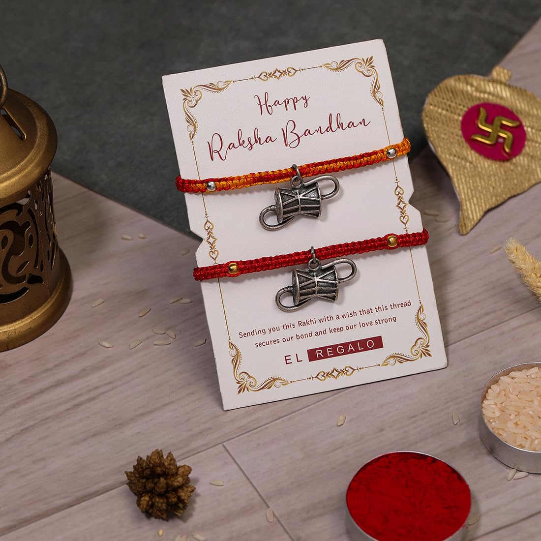 El Regalo 2PCs Shiva Damroo Bracelet Rakhi for Brothers- Antique Finish Damru Rakhi Set with Roli Chawal Shagun, Message Card in Rakshabandhan Gift Box for Bhai/Bhaiya