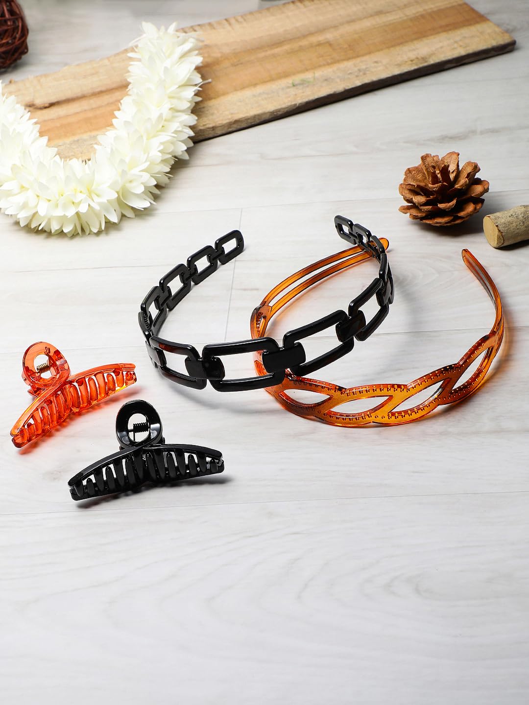 El Regalo 2 PCs Hairbands & Medium Claw Hair Clips for Girls & Women, French Design Hair Clips Accessories for Women Girls (Black & Clear Brown)