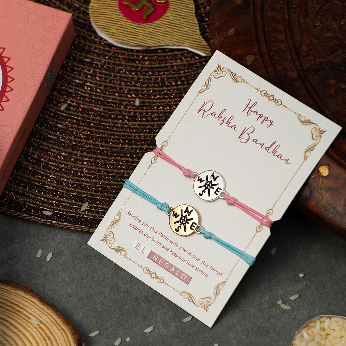 El Regalo 2PCs Cute Kids Bracelet Rakhi Combo Sets- Fancy Kids Rakhi for Brother/Sister with Roli Chwal, Rakhi Message Card in Rakhi Box for Babies/Toddlers/Kids (2 Compass Rakhis)