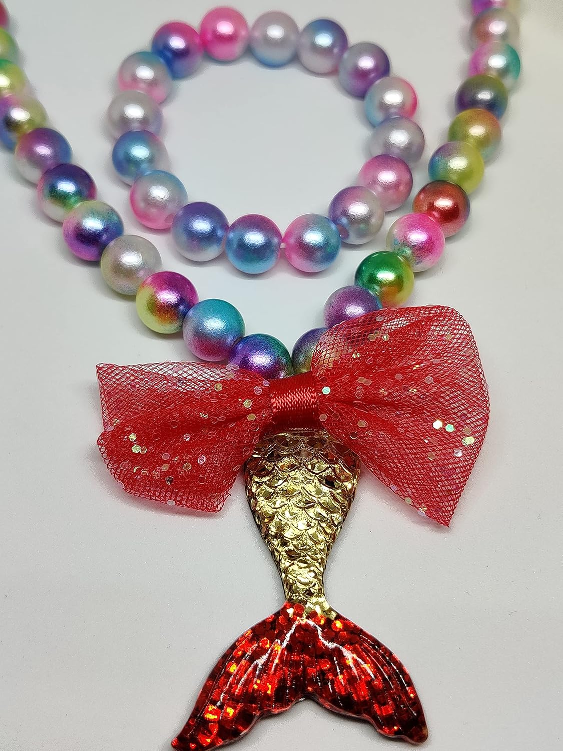 El Regalo Girls Princess Necklace Bracelet with Colorful Mermaid Shiny Beads Bow Kids Stretchy Costume Jewelry Gift Party Favors Dress up Jewelry for Little Girl Toddler (Glittery Red)