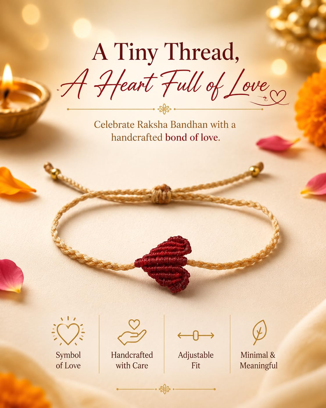 El Regalo Simple Heart Bracelet Rakhi for Brother - Handwoven Adjustable Macrame Rakhi with Roli Chawal | Minimalist Rakshabandhan Bracelet for Bhai in Elegant Rakshabandhan Box (Red-A)