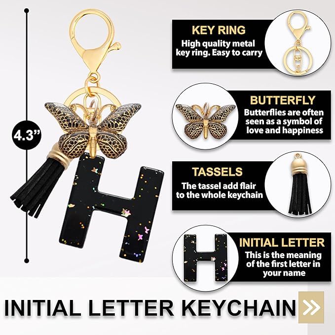El Regalo Personalized Name Initials Butterfly Charm Keychain - Name Letter Keyring with Black & Golden Tassel & Butterfly Pendant, Purse, Bag, Backpack Accessory (H Letter)
