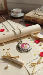 El Regalo Princess Crescent Moon Pendant Necklace for Girls- Enchanted Fairytale Character Jewelry with Filigree Detail, Silver-Tone Chain, Perfect Birthday Return Gift or Party for Toddlers and Kids (Style-4)