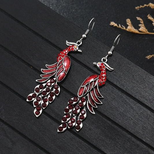 El Regalo Vintage Ethnic Peacock Earrings for Women- Elegant Oil Drop Rhinestone Dangle Earring Party Jewelry (Red)