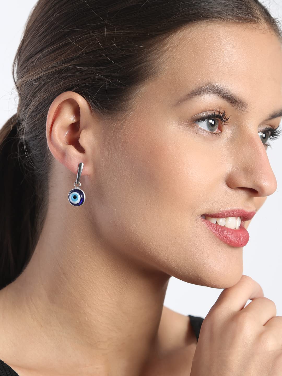 El Regalo 1 Pair Evil Eye Hamsa Hand Earrings - Small Dangle Drop/Hoop Earring Dainty Blue Hypoallergenic Earrings for Girls & Women (Round Silver Evil Eye Studs)