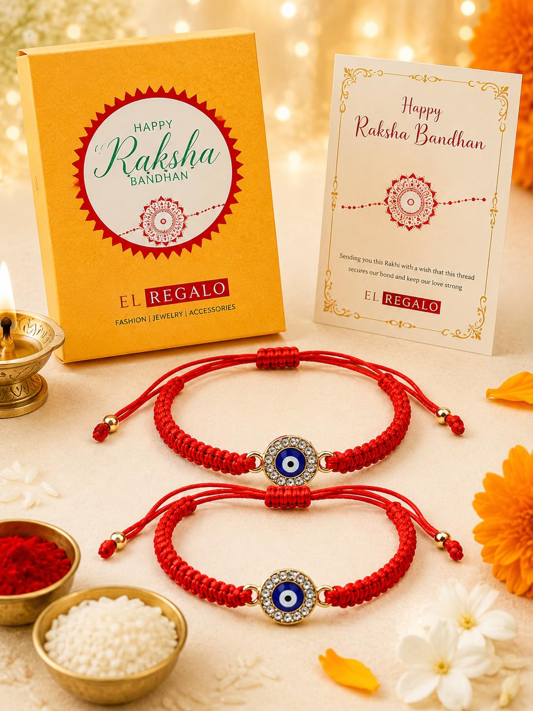 El Regalo 2PCs Rakhis for Brother- Evil Eye Rakhi Combo Set with 2 Rakhis, shagun Pack, Rakhi Message Card in Rakhi Gift Box (Option-1)