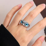 El Regalo Women Adjustable Eye Owl Ring- Retro Gothic Trendy Vintage Owl Band Finger Rings (Blue)