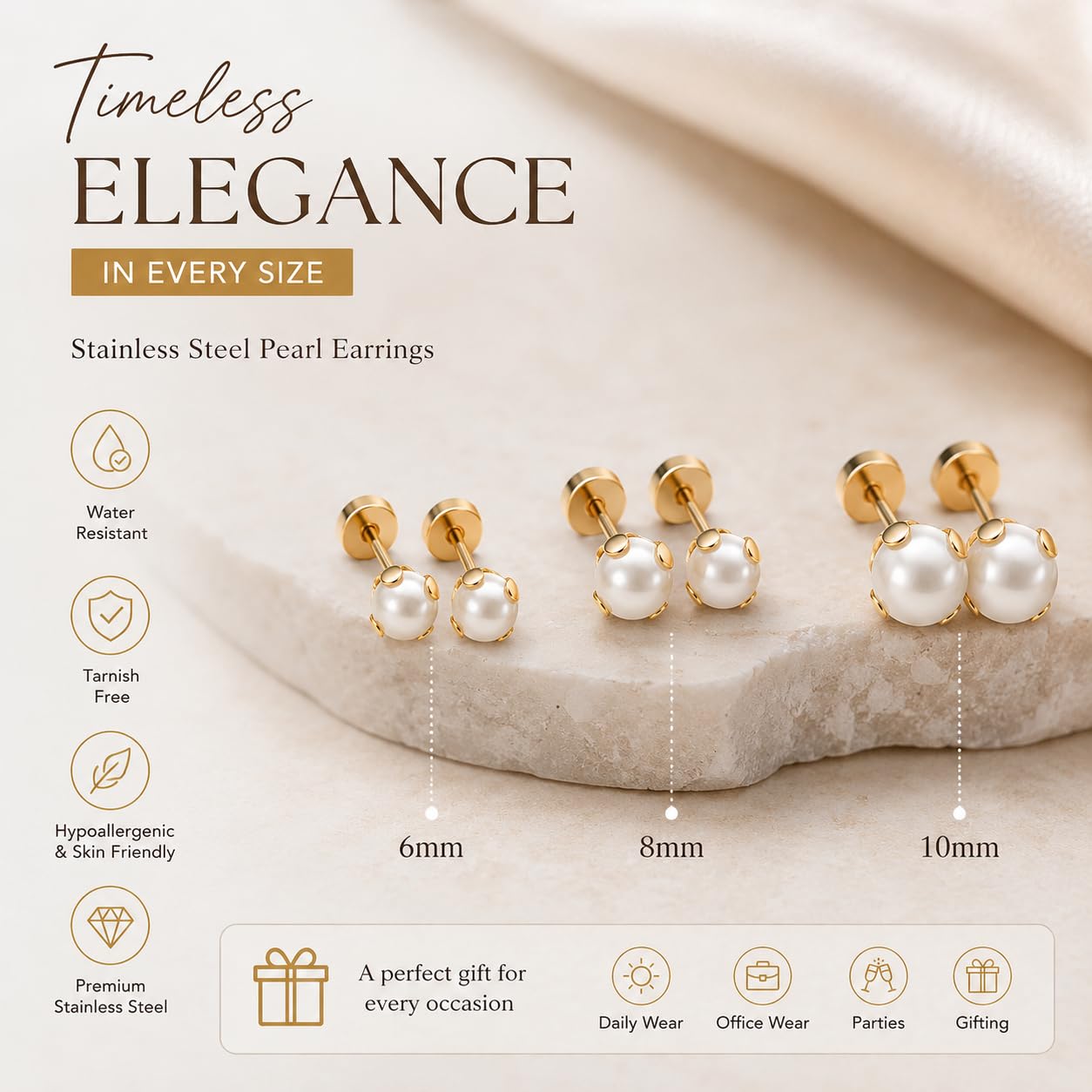 El Regalo Stainless Steel Pearl Stud Earrings Combo for Women & Girls | 3 Pairs Minimal Pearl Earrings Set | Hypoallergenic Gold Plated Round Cartilage Stud Earrings (Style-1)