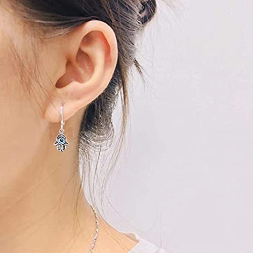 El Regalo 1 Pair Evil Eye Hamsa Hand Dangle Hoop Earrings - Silver, Dainty Blue Evil Eye Small Simple Hypoallergenic Earrings for Girls & Women