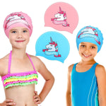 El Regalo 2 PCs Kids Swimming Caps Set- Silicone Swimming Hat for Girls Boys Waterproof Bathing Caps for Long & Short Hair with Unicorn, Astronaut, Heart, Fairy Mermaid (Pink & Blue Unicron)