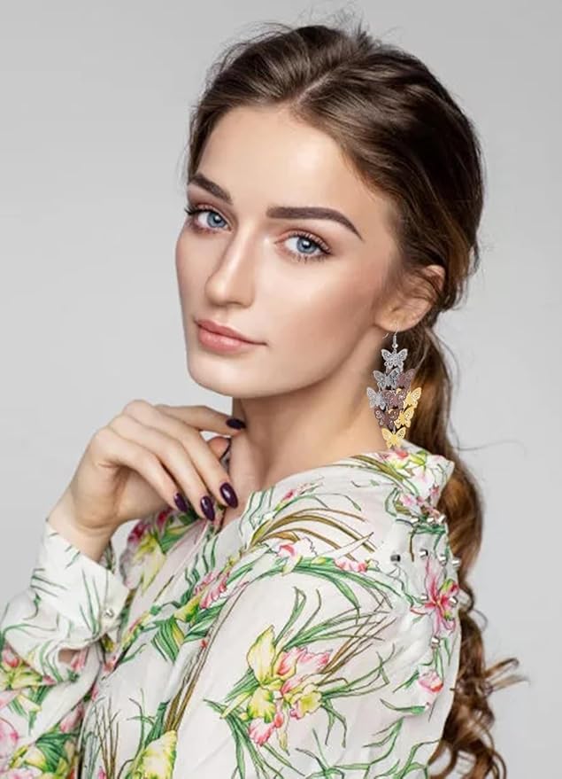 El Regalo Women's & Girl's Butterfly Earrings Mix Color Bohemia Style Long Drop Dangle Hook Earrings, Fashion Style Butterfly Earrings (Gradient Gold)