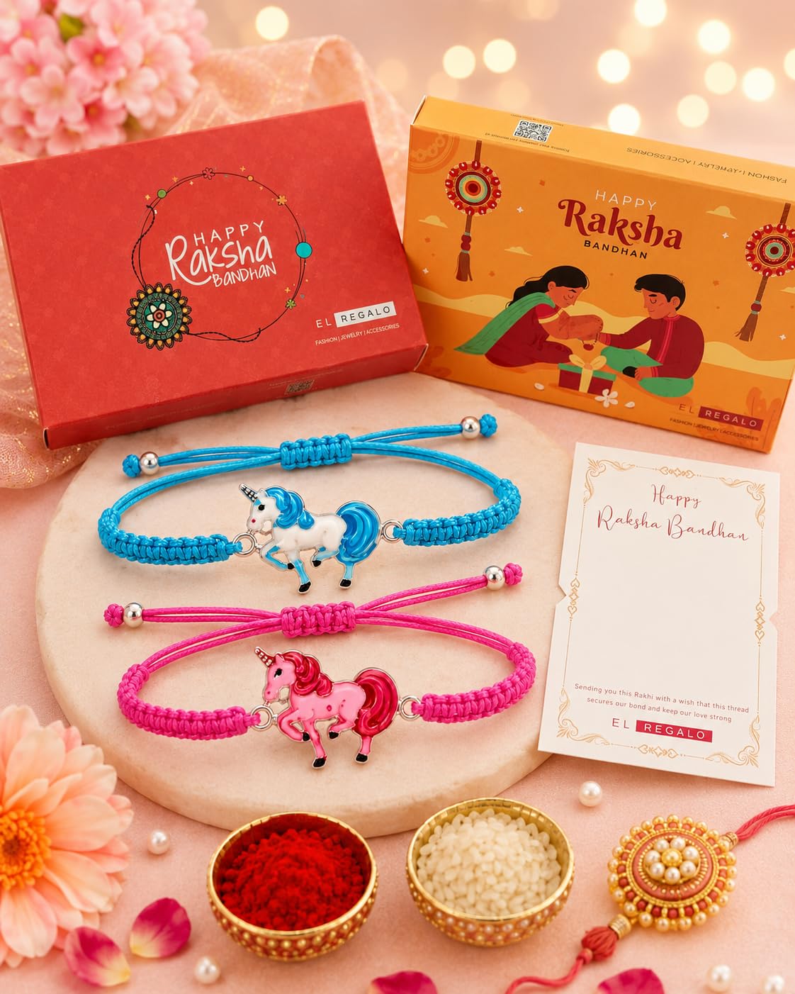 El Regalo 2 Unicorn Rakhis Gift Combo for Littler Brother/Kids beautiful Kids Rakhi Set with 2 Rakhis, shagun & Rakhi Message Card in Gift Box for Brother/Sister/Niece and Nephew (Option-3)