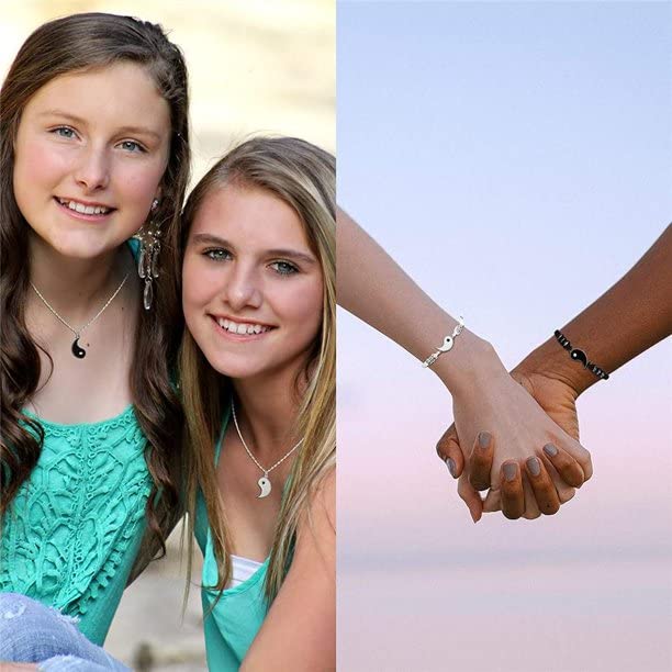 El Regalo Unisex 4 Pcs Yin Yang Necklace & Bracelet Set, 2 Pieces Matching Yin Yang Adjustable Cord Bracelet, Couple Pendant Necklace Chain For Friendship Boyfriend Girlfriend- Valentines Day Gift
