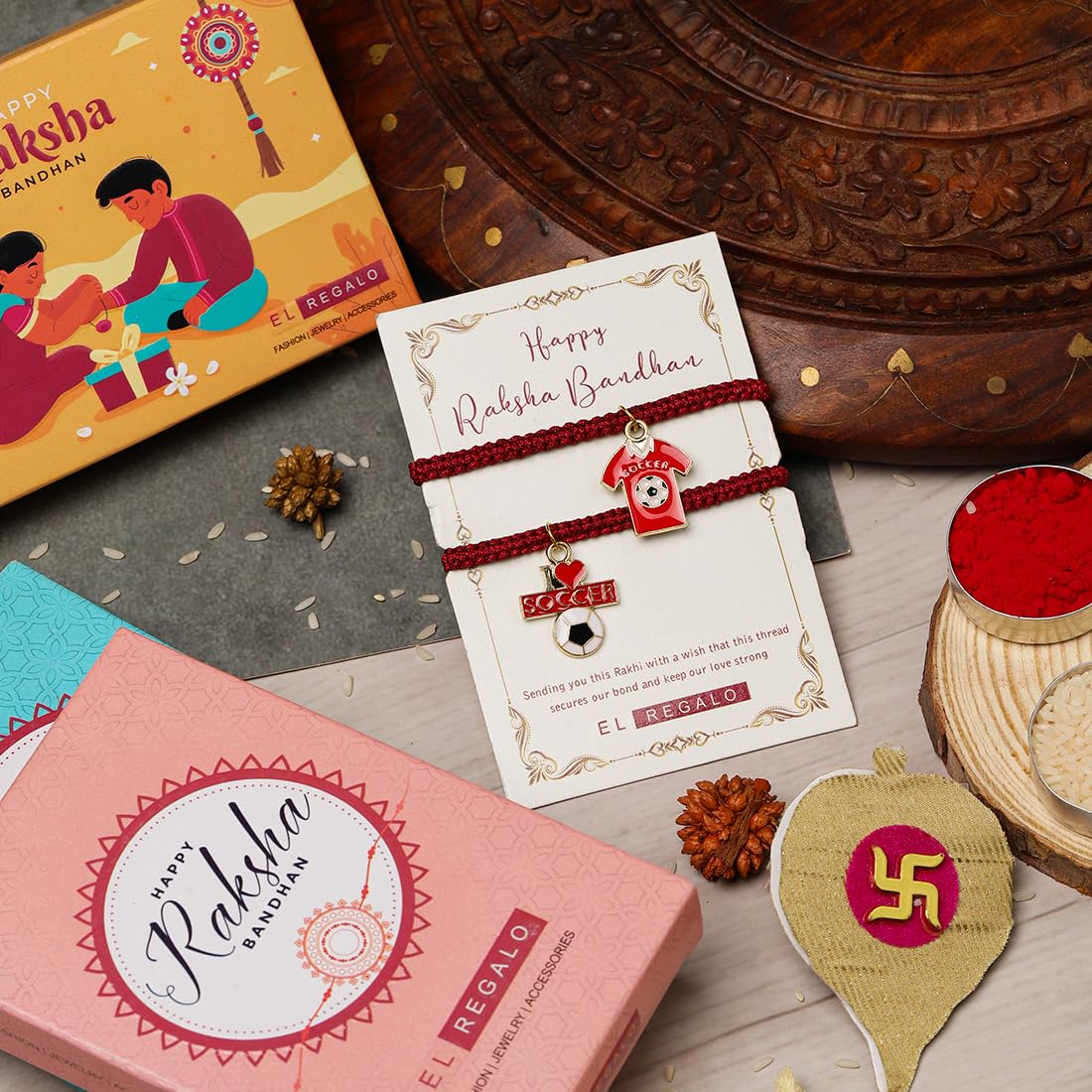 El Regalo Quirky 2PC Sports Rakhi for Kids | 2 Sport Balls Rakhis Combo Set for Brother/Niece/Nephew- Rakhi for Sports Lovers Bhai with Roli-Chawal, Message Card in Rakhi Gift Box (Option-7)