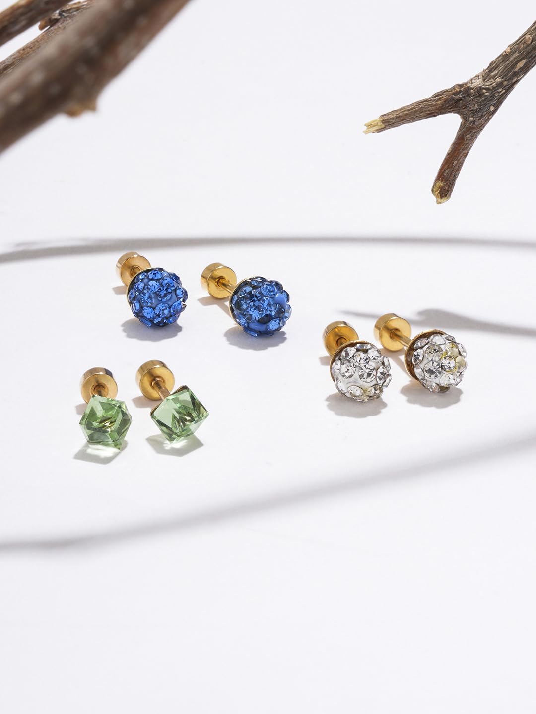El Regalo 3 Pairs Cute Stainless Steel CZ Stud Earrings Combo for Kids/Girls/Teens/Women - Stars, Heart, Flower, Butterfly, Disco Ball, Stones - Hypoallergenic Flatback Earrings (Option-1)