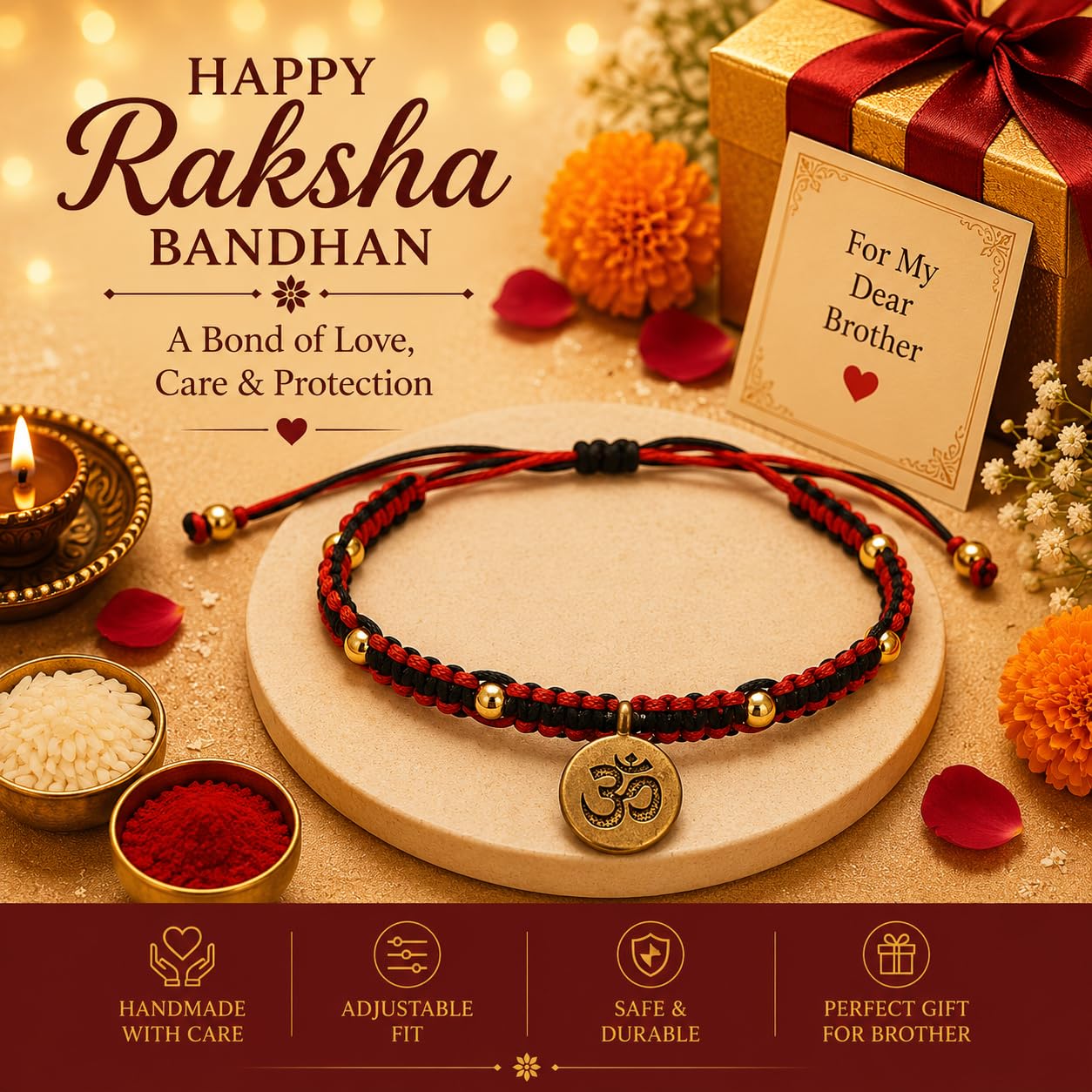 El Regalo Fancy & Traditional AUM/Shell Charm Rakhis for Brother | Elegant Auspicious Bracelet Rakhi for Bhai/Bhaiya with Roli Chawal in Gift Box (OM Rakhi - Red)
