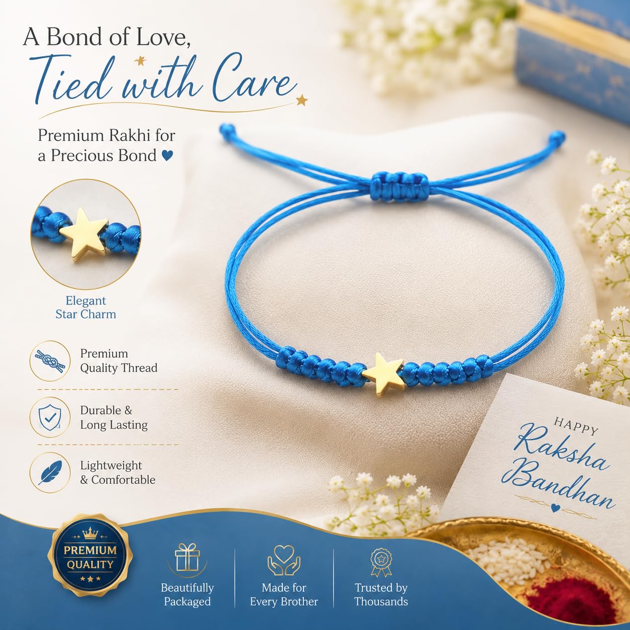 El Regalo Elegant Star Bracelet Rakhi for Brother - Minimalist Adjustable Thread Rakhi, Modern Raksha Bandhan Bracelet for Men, Boys & Bhai - Eco-Friendly Sacred Thread (Blue)
