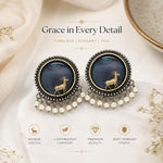 El Regalo Big Antique Oxidised Vintage Stud Earrings for Women and Girls | Boho Ethnic Statement Dual Tone Ear Tops with 3D Gold Deer Motif & Hanging Pearl Drops | Premium Traditional Festive Gift Jewelry (Grey)