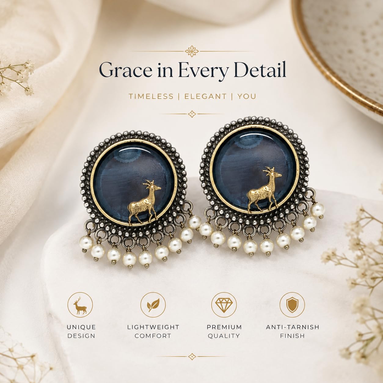 El Regalo Big Antique Oxidised Vintage Stud Earrings for Women and Girls | Boho Ethnic Statement Dual Tone Ear Tops with 3D Gold Deer Motif & Hanging Pearl Drops | Premium Traditional Festive Gift Jewelry (Grey)