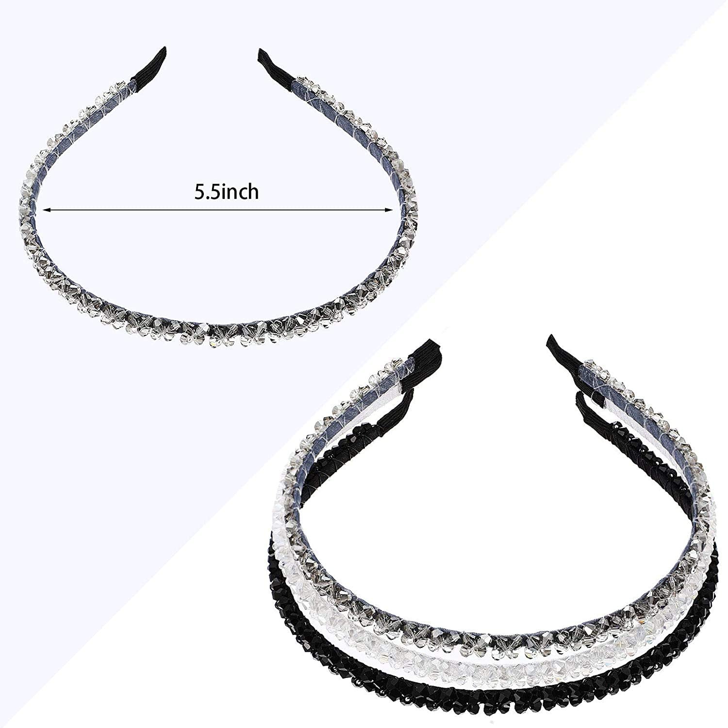 El Regalo 2PCs Rhinestone Hair Bands for Kids/Girls/Teens/Women | Tiara Bridal Headpieces | Crystal Headband Fine Glitter Crystal Hairband Rhinestone Headband (Black & White)