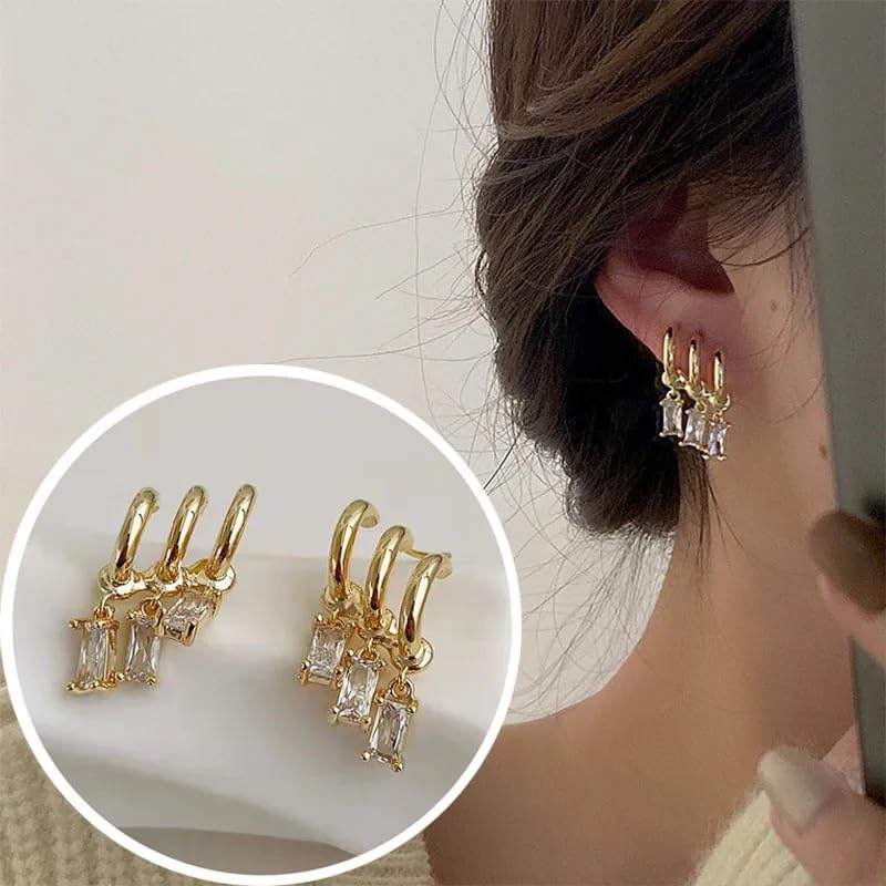El Regalo Women's & Girl's Western Triple Ear Crawler Earrings- Triple Dangling Baguette Stone Earring- Exquisite Zircon Multilayer Earrings (Golden White)