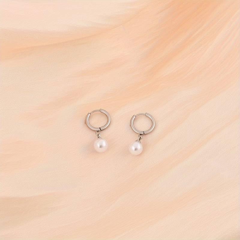 El Regalo Stainless Steel Pearl Hoop Earrings- Anti-Tarnish Small Pearl Drop Huggie Hoop Bali Earrings for Girls & Women (Silver)