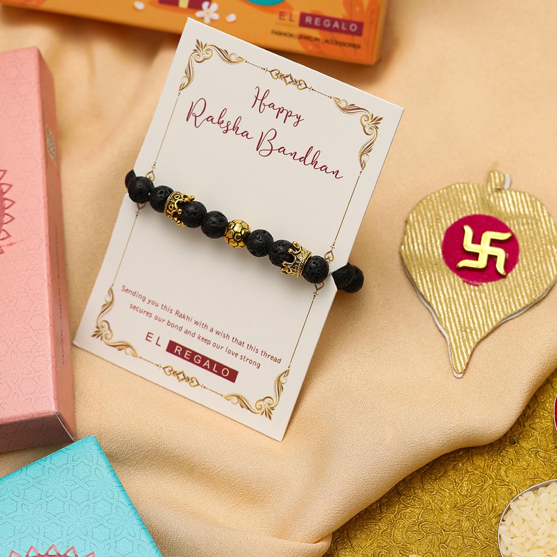 El Regalo 1 PC Natural Lava Stones Crown, Football Charm Rakhi for Brother/Bhai- Designer Handcrafted Natural Stones Sports Charms Rakhi with Roli-Chawal Shagun, Rakhi Message Card in Rakhi Gift Box
