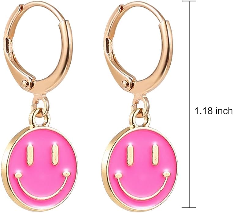El Regalo Smiley Face Small Huggie Hoop Trendy Emoji Earrings- Preppy Cute Happy Face Dangle Drop Cartilage Colorful Hypoallergenic Earrings Gifts for Teen Girls Women (Pink)