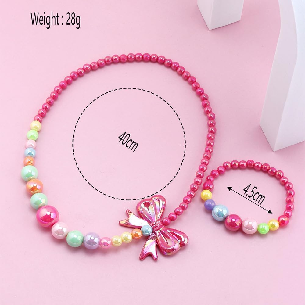 El Regalo Shiny Rose Pink Bow Beads Necklace & Bracelet Jewelry Set for Girls/Kids- Colorful Rainbow Beads Bow Girls Jewelry Set