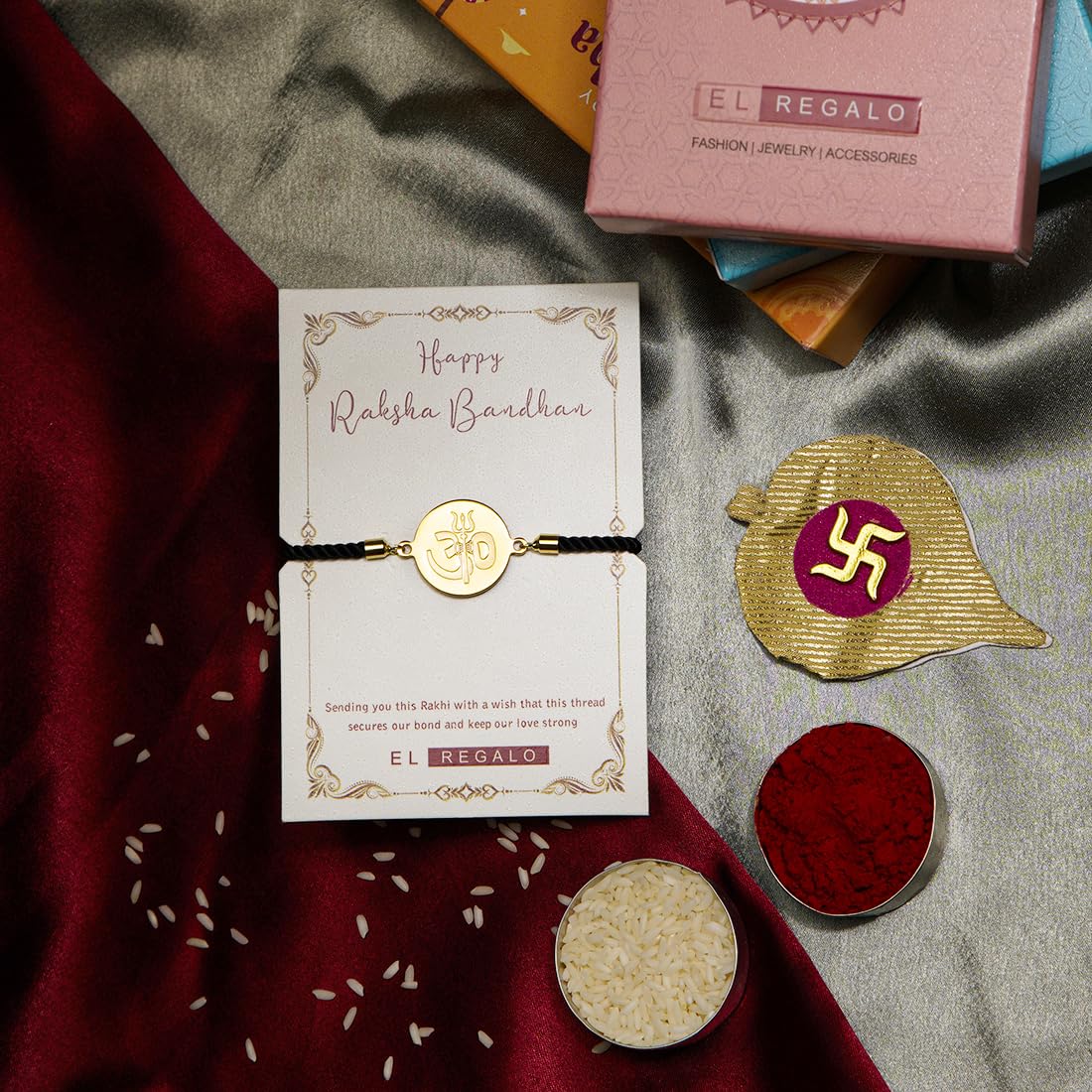 El Regalo 1 PC Stainless Steel OM/Aum Rakhi for Brother - Anti Tarnish Adjustable Rakhi Bracelet for Bhai/Bhatija- Comes with Message Card, Roli-Chawal & Rakhi Box (Golden OM Rakhi)