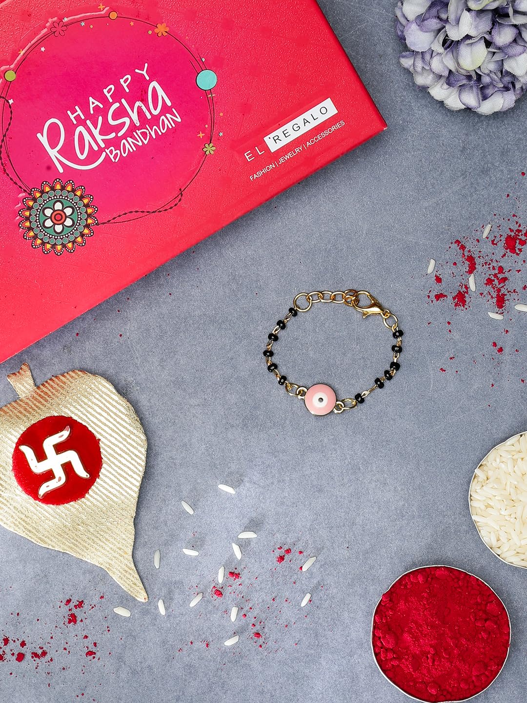 El Regalo Cute Evil Eye Nazaria Bracelet Rakhi for Babies/Kids with Roli Chawal, Rakhi Message card in Rakhi Gift Box- Baby Nazaria Rakhi (Pink Evil Eye Nazaria Rakhi)