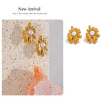 El Regalo Stainless Steel Pearl Flower Stud Earrings- Glamorous, Elegant, Anti Tarnish/Waterproof Geometric Design, Gold Polished Finish for Women & Girls